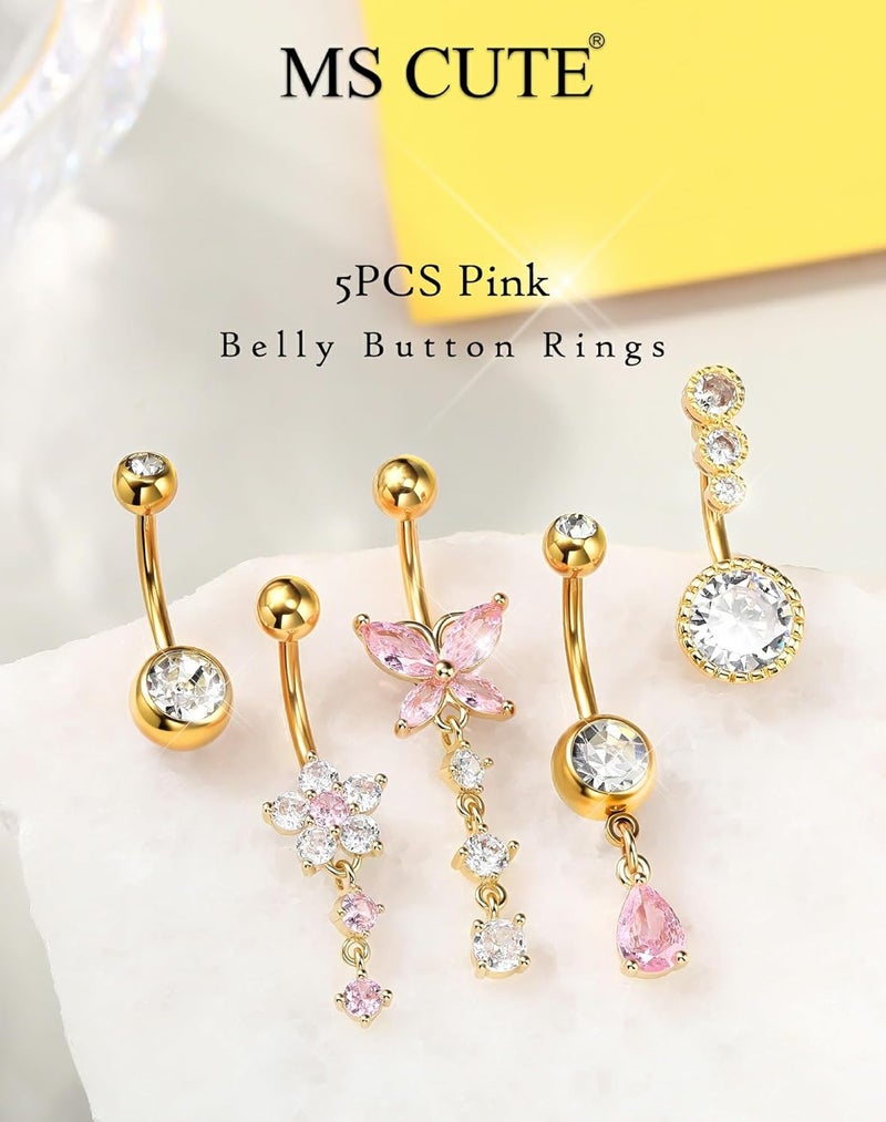 MS CUTE 5PCS Belly Button Rings for Women 14G Dangle Navel Piercing Jewelry Set Surgical Stainless Steel Body Jewelry with CZ Butterfly Flower Teardrop Barbell for Beach Festival Daily - Image 2